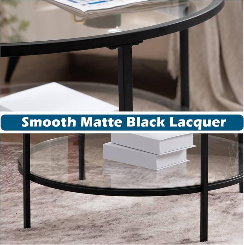 Slim Black Metal Coffee Table with Open Round Glass Shelving