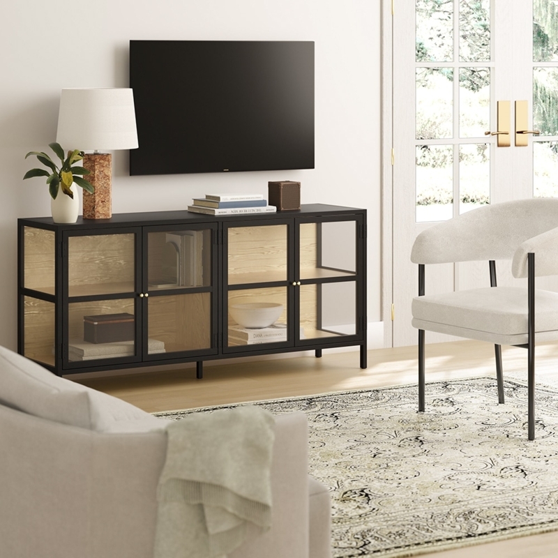Slim Metal Media Stand with Glass Fronts and Wood Interior