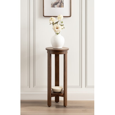 Slim Pedestal Side Table, Tall Wood-Toned with Lower Shelf