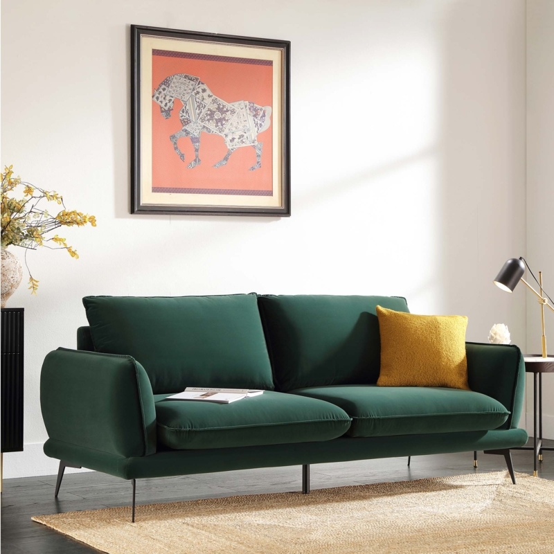 Slim Profile Sofa with Black Tapered Metal Legs in Forest Green