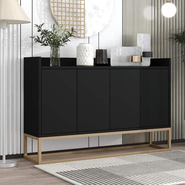 Slim Sideboard Geometric Door Pattern Brushed Gold Accents