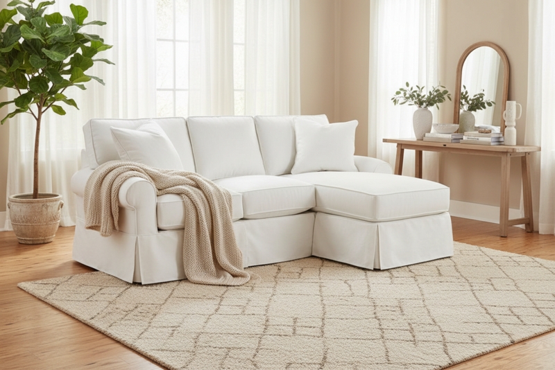 Slipcovered Sectional Sofa White Skirted Base Coastal Style