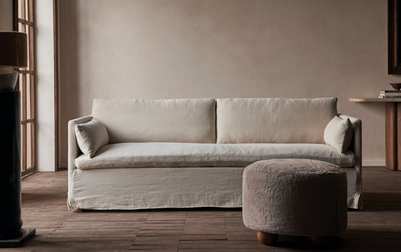Slipcovered Sofa Cream Linen-Like Single Bench Cushion Skirt