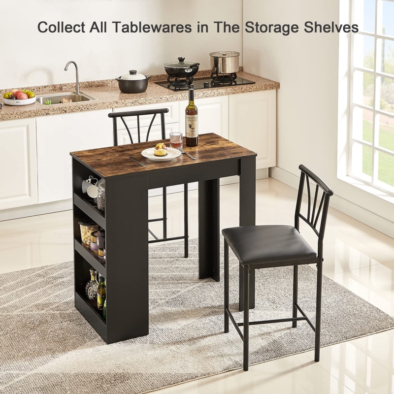 Small Bar Table Set: Integrated Shelving & Rustic Wood