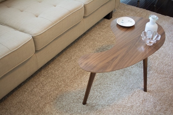 Small Kidney Bean Coffee Table, Walnut Wood, Tapered Legs