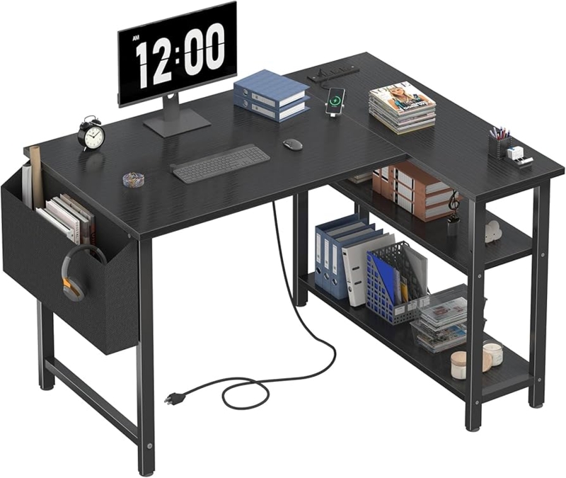 Small L-Shaped Desk with Side Storage Pocket and Built-in Power Outlet