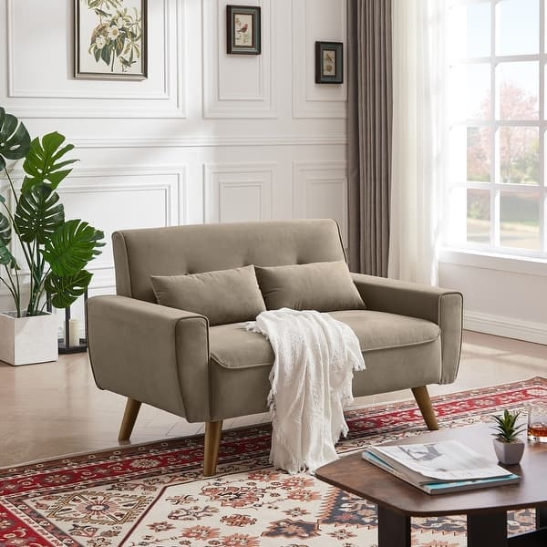 Small Loveseat Taupe Button Tufted Compact Mid Century Modern