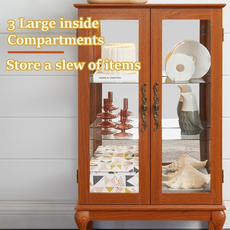 Small Oak Curio Cabinet with Ornate Handles and Mirrored Back