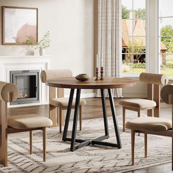 Small Round Dining Table Rustic Brown Wood Black Geometric X-Base