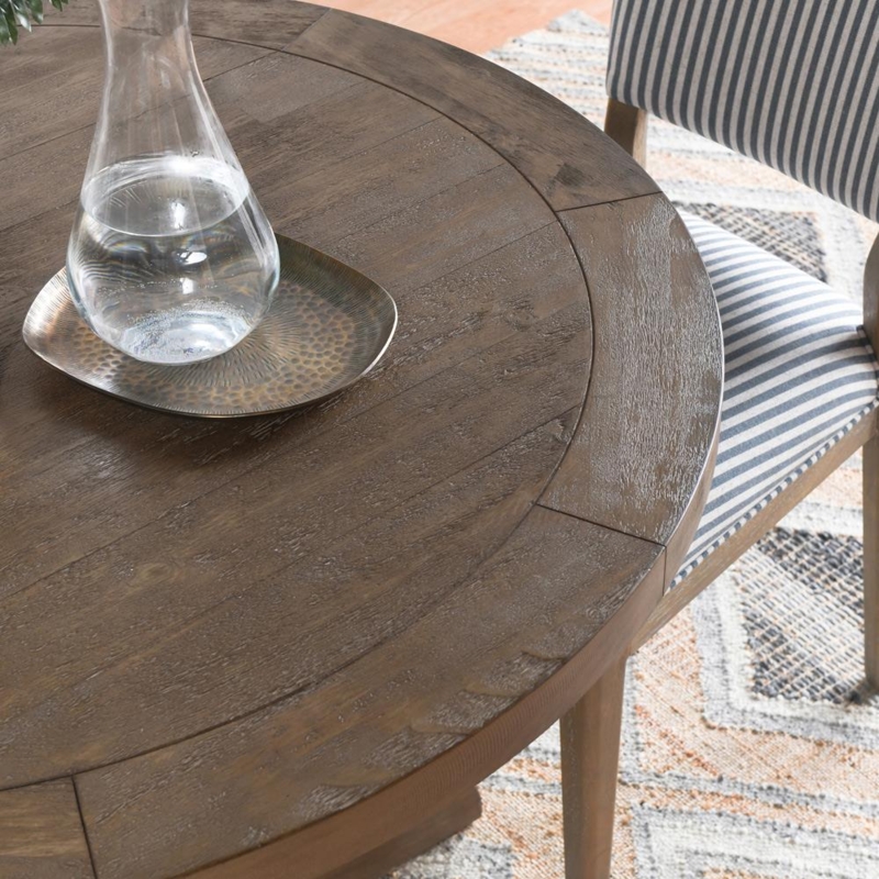 Small Round Dining Table Segmented Plank Top Weathered Brown Finish