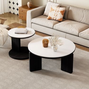 Small Round Stone Coffee Table with Minimalist Black Cross-Base
