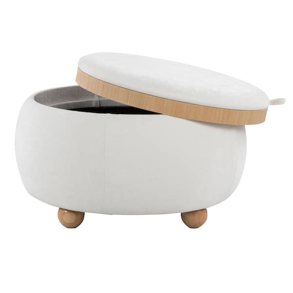 Small Round Storage Ottoman with Natural Wood Rim Lid and Bun Feet