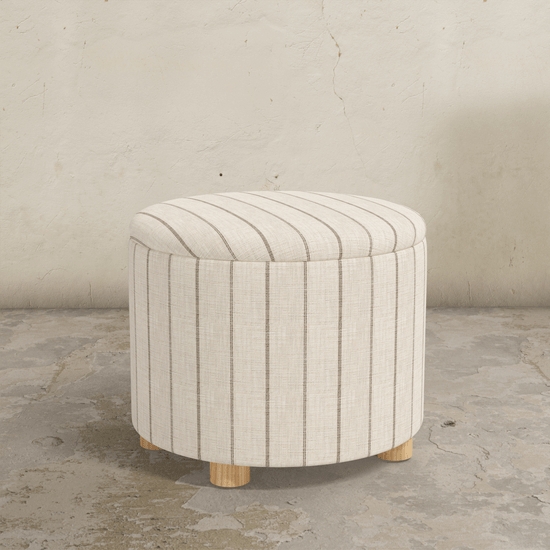 Small Round Storage Ottoman - Woven Linen Velvet  White Cliff Studio