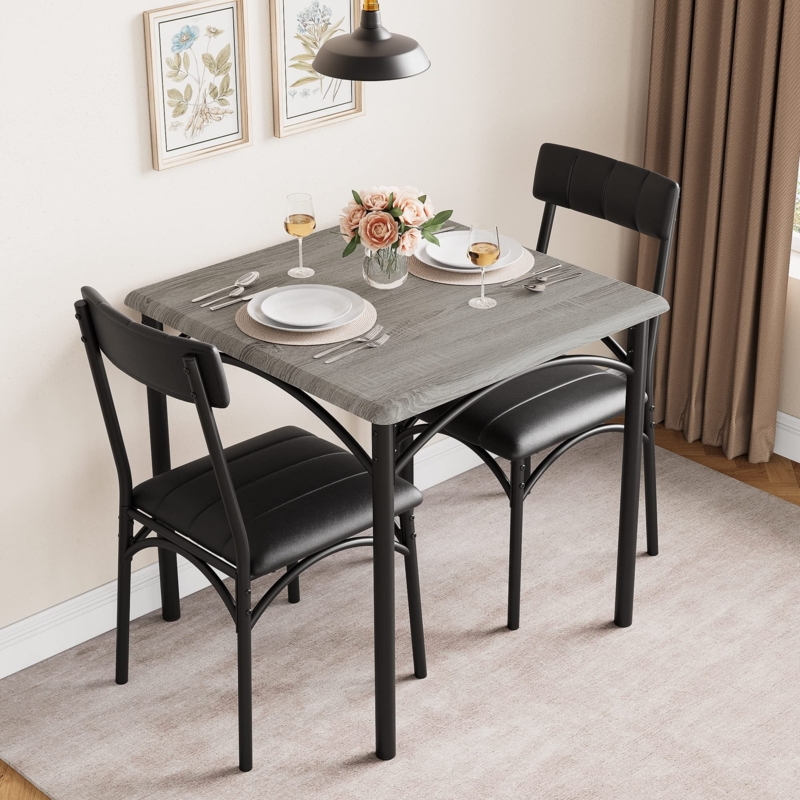 Small Space Dining Set Grey Wood Grain Black Upholstery 3 Piece Set
