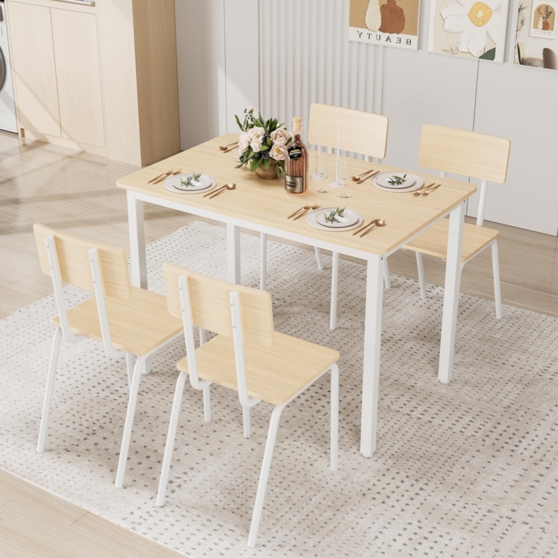 Small Space Dining Set White Metal Frame Oak Toned Wood Look