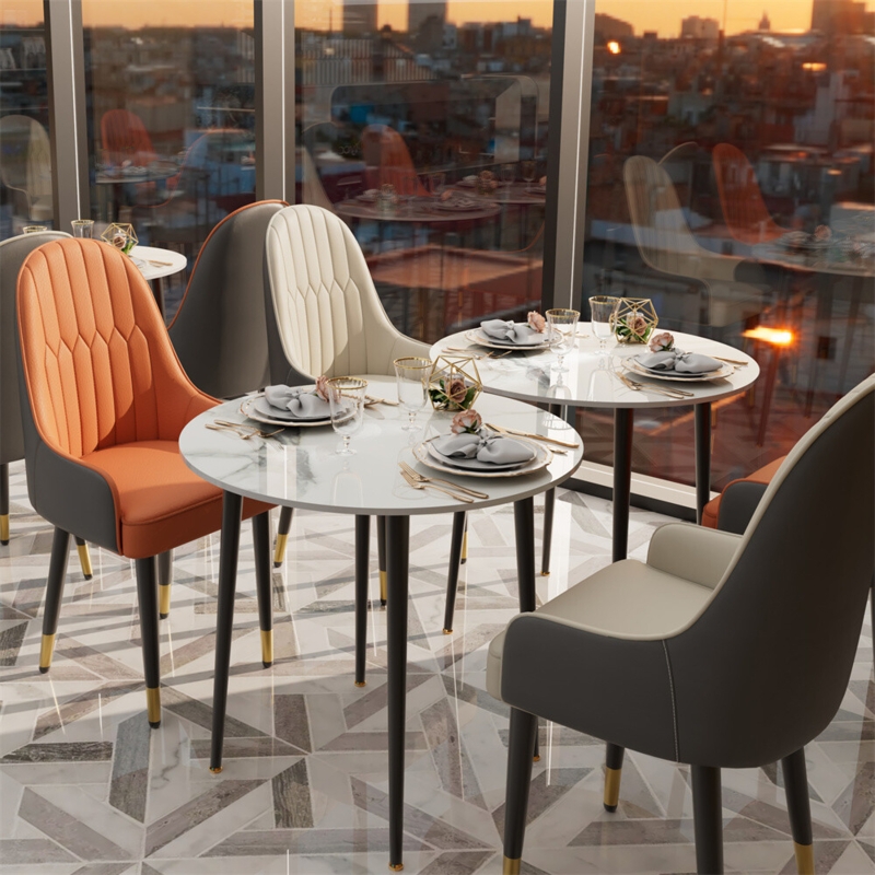 Small Space Dining Table Round Marbled Stone Top Conical Black Base