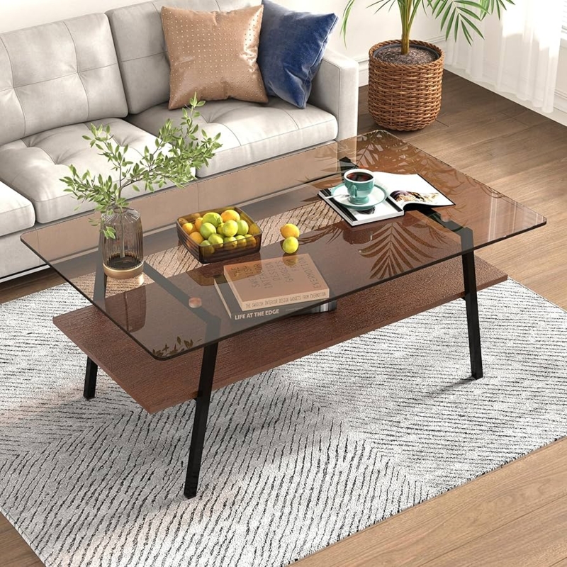 Smoked Glass Coffee Table with Wood Shelf and Industrial Metal Frame