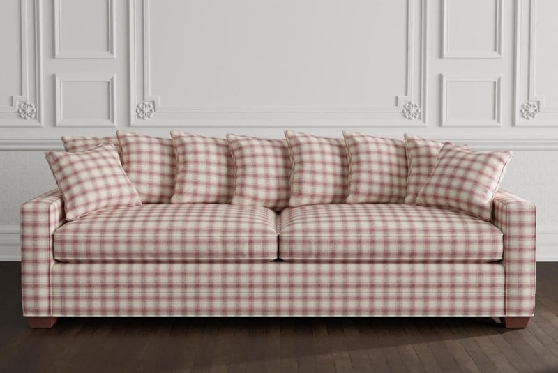 Sofa All Over Plaid Upholstery, Red Checkered Fabric, Farmhouse Style.