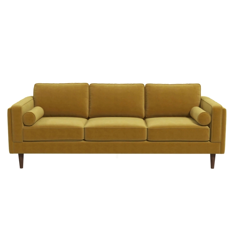 Sofa Amber Yellow Velvet Bolster Pillows Tapered Legs Mid Century