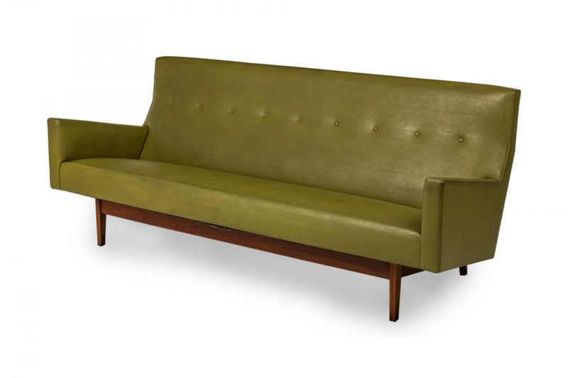 Sofa, Avocado Green Vinyl, Teak Toned Base, Button Tufting