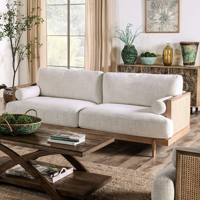 Sofa Beige Linen Style with Cane Paneled Sides and Light Oak Frame