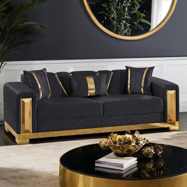 Sofa Black Upholstery Gold Geometric Panels Quilted Base