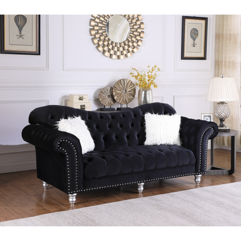 Sofa Black Velvet All Over Tufting Silver Nailhead Trim Rolled Arms