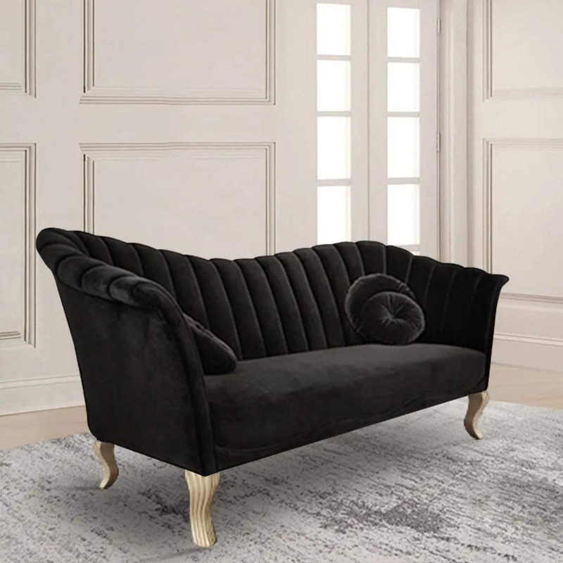 Sofa Black Velvet Channel Tufted Back Scalloped Silhouette Gold Legs