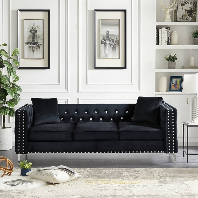 Sofa Black Velvet Look Jeweled Button Tufting Silver Nailhead Accents