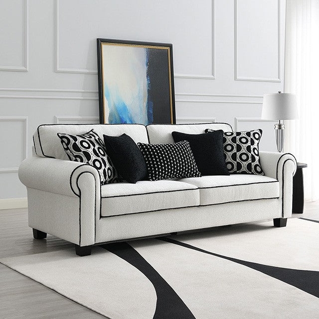 Sofa Black Welted Seams White Chenille Rolled Arms