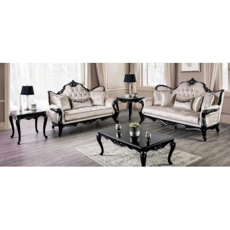Sofa Black Wood Trim Ornate Carving Button Tufting