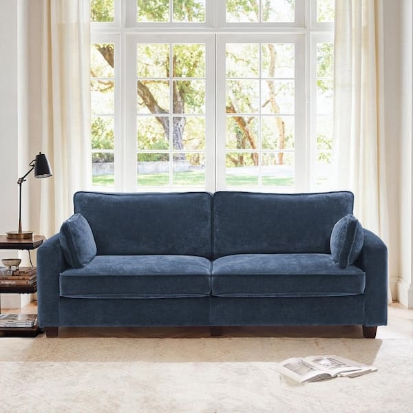 Sofa Blue Chenille Texture Straight Arms Transitional Style