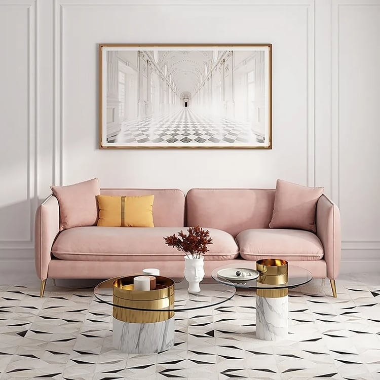 Sofa Blush Pink Velvet Gold Tapered Legs Cylindrical Base Modern