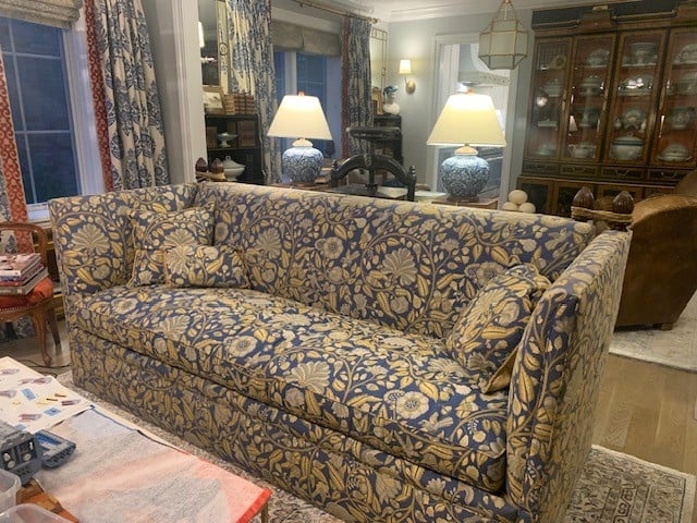 Sofa Botanical Print Upholstery, Tuxedo Silhouette, Blue Gold Grandmillennial.