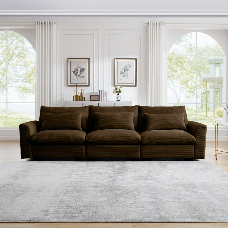 Sofa Brown Corduroy Deep Seat 3-Seater with Waist Pillows
