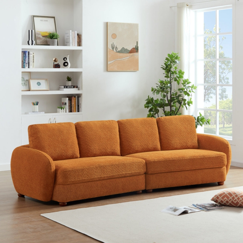 Sofa Burnt Orange Boucle Extra-Long Low Profile Rounded Arms