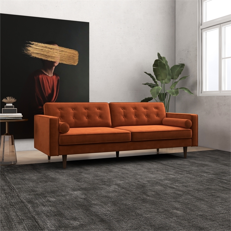 Sofa Burnt Orange Velvet Button Tufted Bolster Pillows Tapered Legs