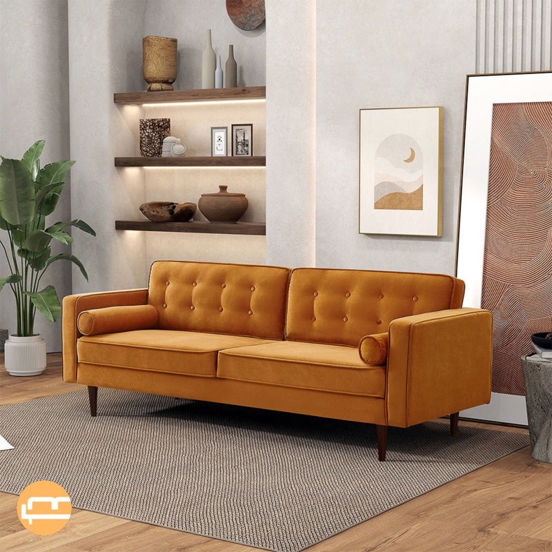 Sofa Burnt Orange Velvet Button Tufting Square Arms Bolsters