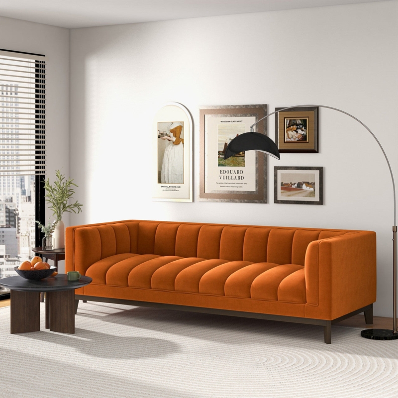 Sofa Burnt Orange Velvet Channel Tufting Dark Wood Plinth Base