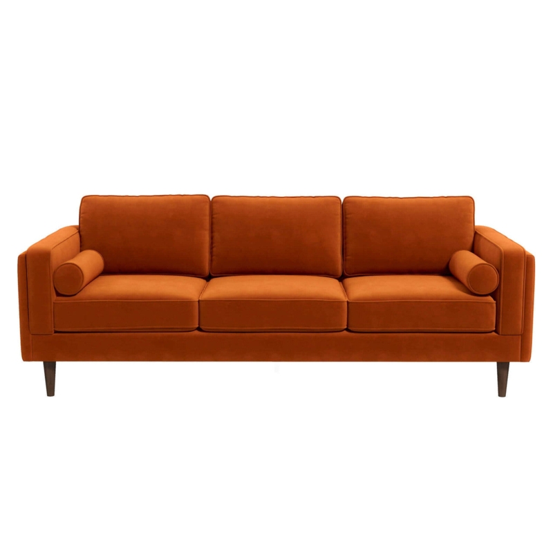 Sofa Burnt Orange Velvet Three-Seater Track Arms Bolster Pillows