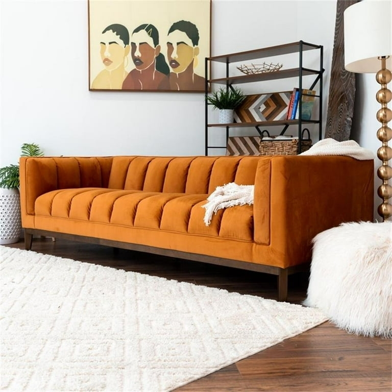 Sofa Burnt Orange Velvet Vertical Channeling Tuxedo Arms Wood Base