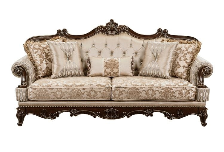 Sofa Carved Wood Trim, Gold Damask Pattern, Button Tufted Formal.