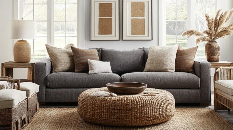Sofa Charcoal Chunky Woven Ottoman Organic Modern Earthy