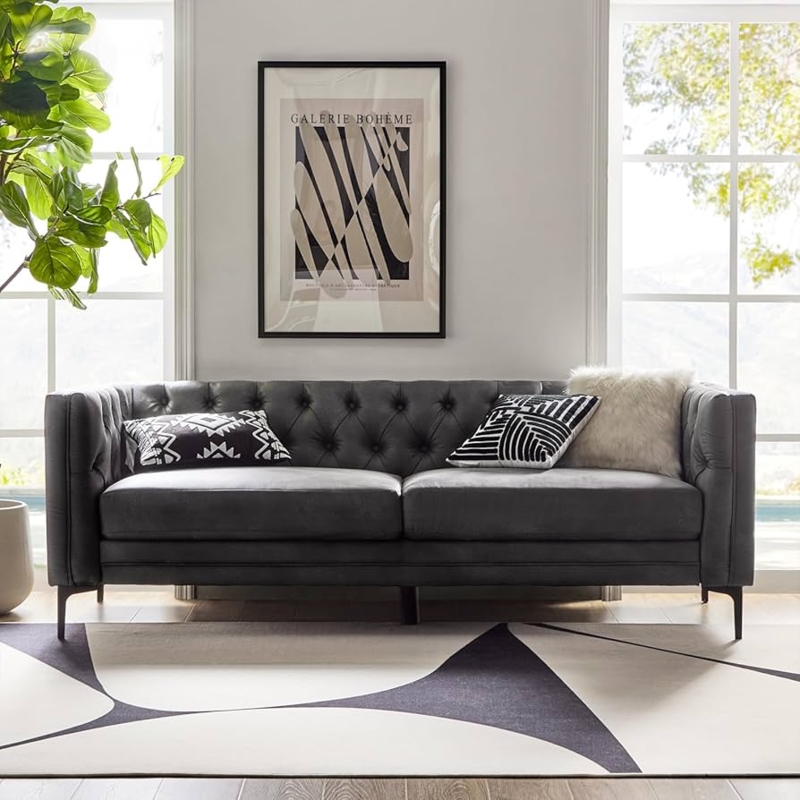 Sofa Charcoal Faux Leather Button Tufted Slim Metal Legs Tuxedo