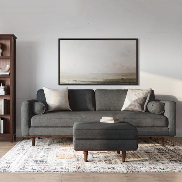 Sofa: Charcoal Grey Mid-Century Couch with Matching Ottoman Set