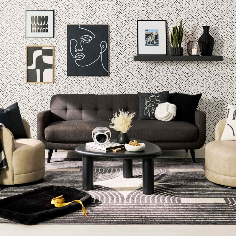 Sofa Charcoal Grey Tufted Back Tapered Legs Dotted Wallpaper Decor