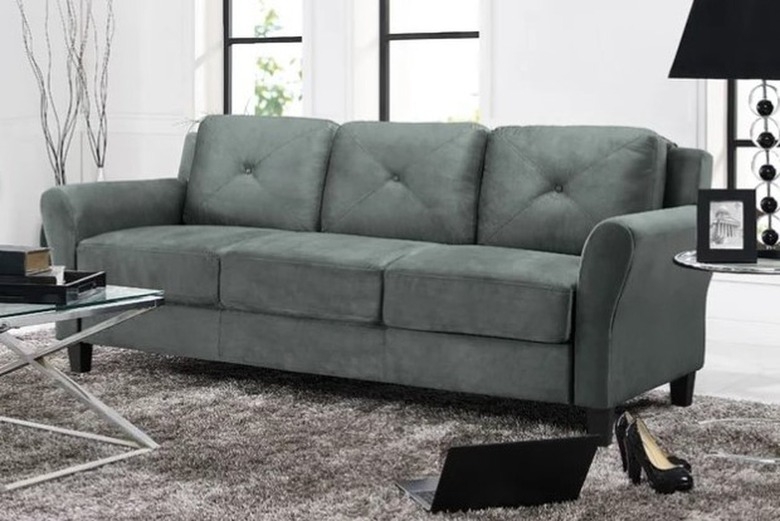 Sofa Charcoal Microfiber Rolled Arm Three Seater Tufted Back