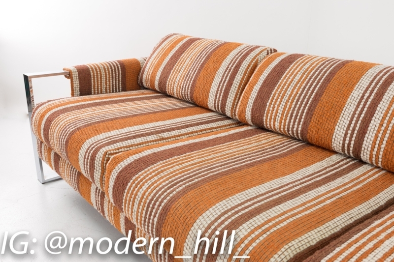 Sofa Chrome Frame, 70s Striped Fabric, Woven Texture, Retro Style.