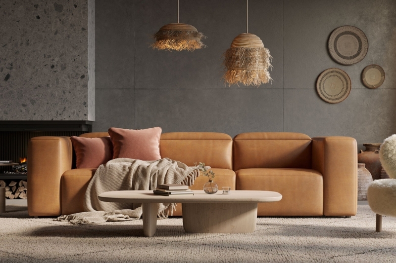 Sofa: Cognac Leather-like Low Profile with Blocky Silhouette