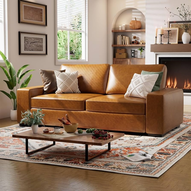 Sofa Cognac Leather Like with Deep Seat Cushions Track Arms